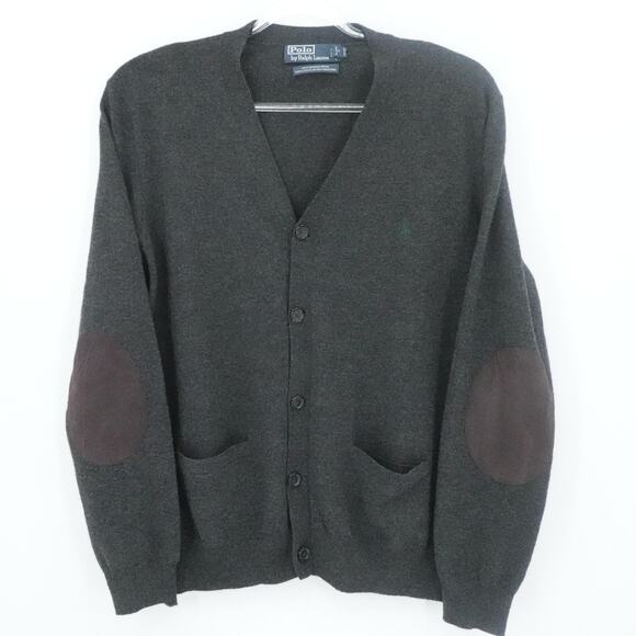 Polo Ralph Lauren Sweater Mens Large Charcoal Merino Wool Cardigan Elbow Patch - Picture 1 of 15